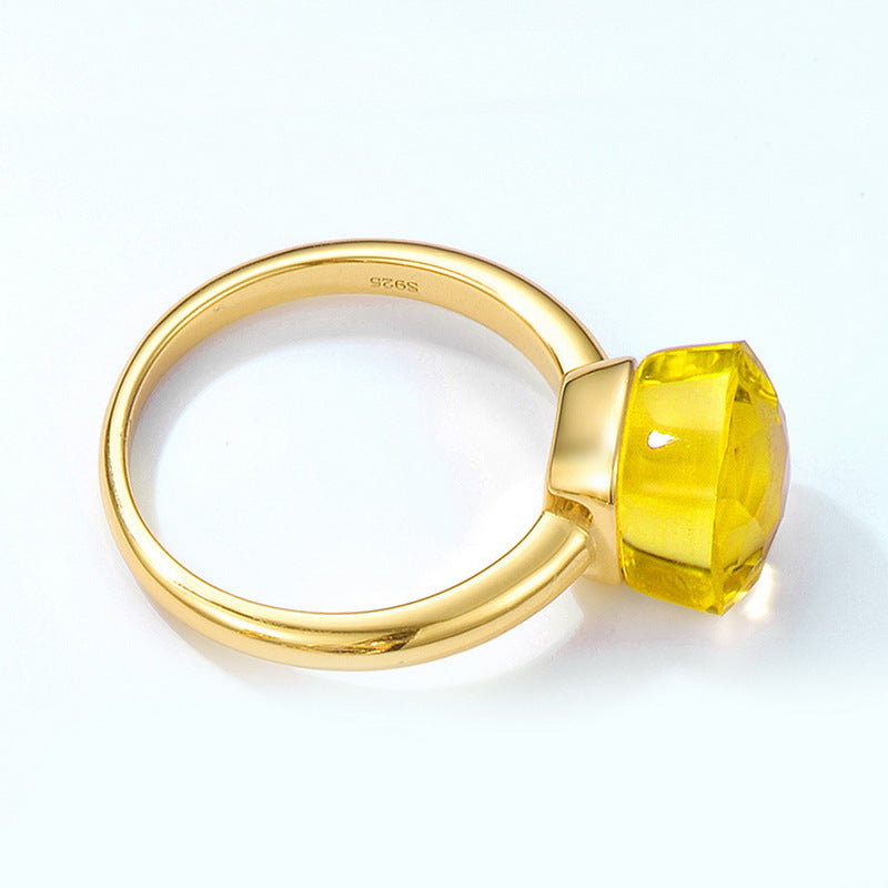 Candy Square Synthetic Crystal Golden Colour Sterling Silver Ring