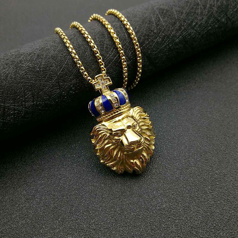 Steel Necklace - Statement Crown Lion Head Pendant With Gold Plating And Zircon Accents