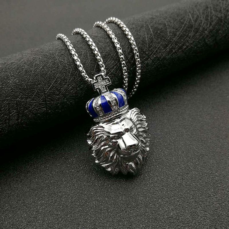 Steel Necklace - Statement Crown Lion Head Pendant With Gold Plating And Zircon Accents