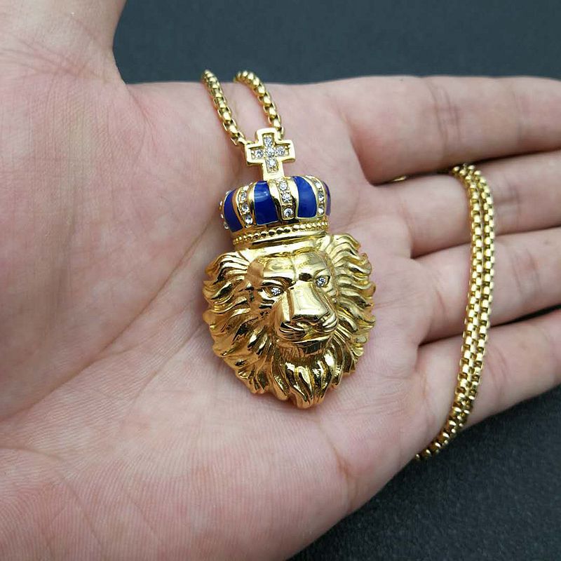 Steel Necklace - Statement Crown Lion Head Pendant With Gold Plating And Zircon Accents