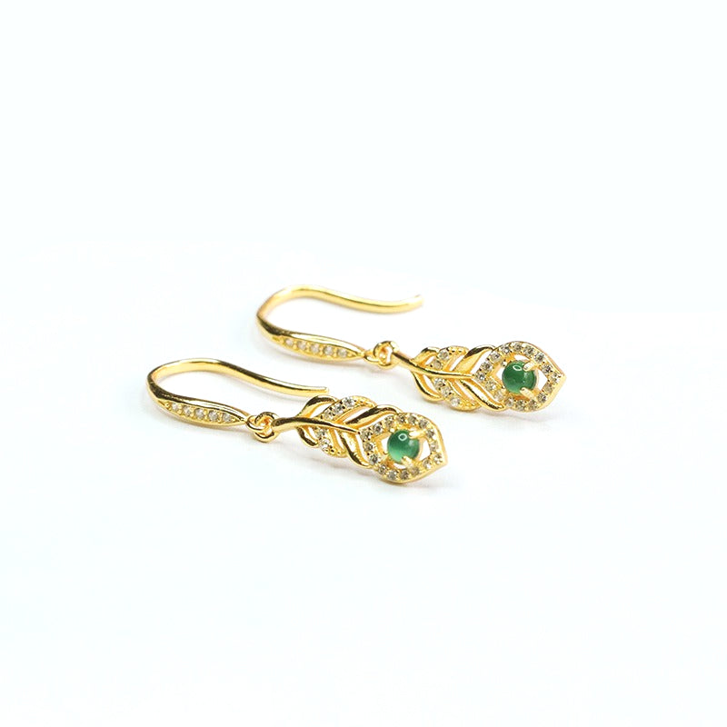 Icy Green Jadeite Leaf 925 Silver Hook Earrings