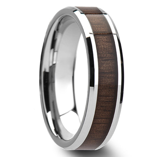 Stainless Steel Men's Wedding Ring with Black Walnut Inlay
