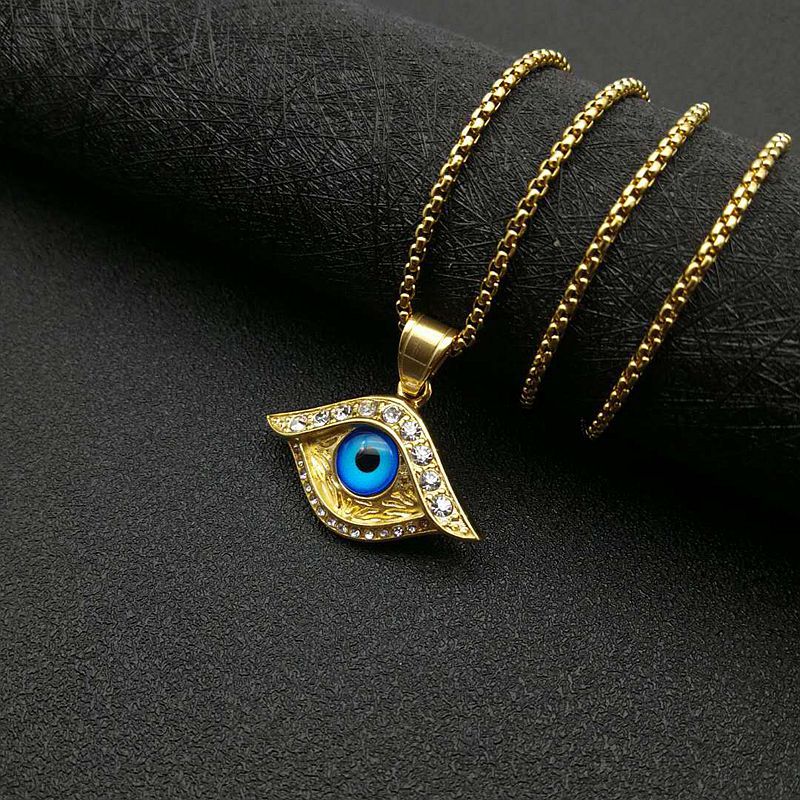 Planderful Hip Hop Jewelry Necklace Gold Plated Titanium Steel Turquoise Turkish Blue Eye Pendant With Zircon For Men