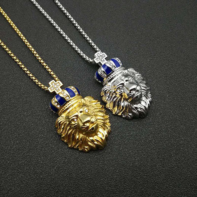 Steel Necklace - Statement Crown Lion Head Pendant With Gold Plating And Zircon Accents