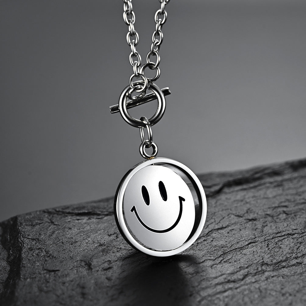 Planderful Rotatable Crying Smiley Face Pendant Necklace Unisex Titanium Steel Collarbone Chain