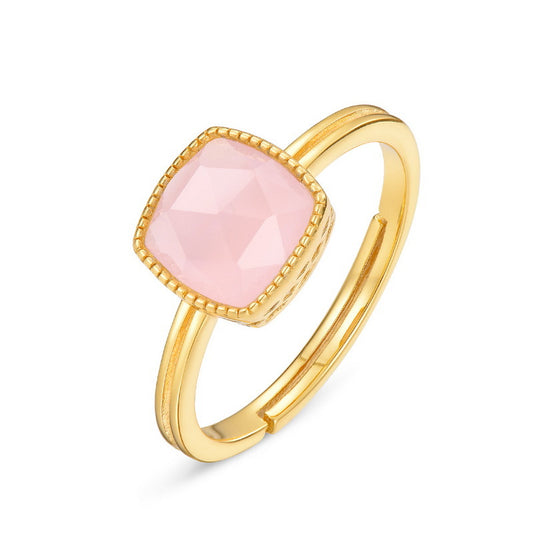 Simple Square Pink Crystal Opening Silver Ring