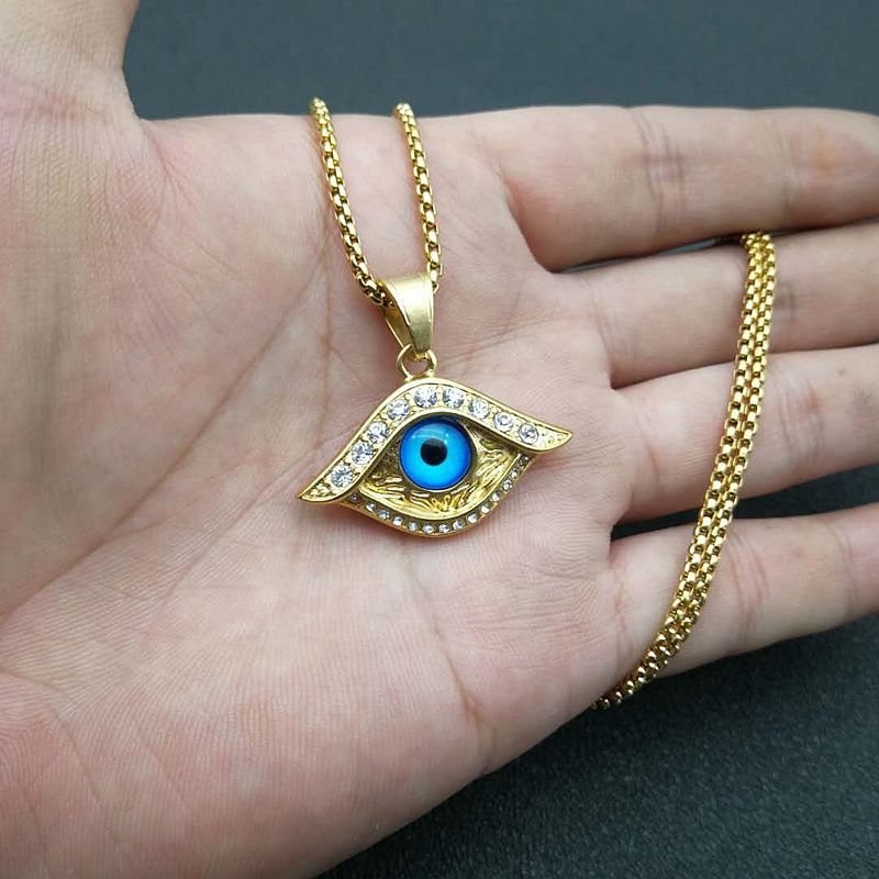 Planderful Hip Hop Jewelry Necklace Gold Plated Titanium Steel Turquoise Turkish Blue Eye Pendant With Zircon For Men