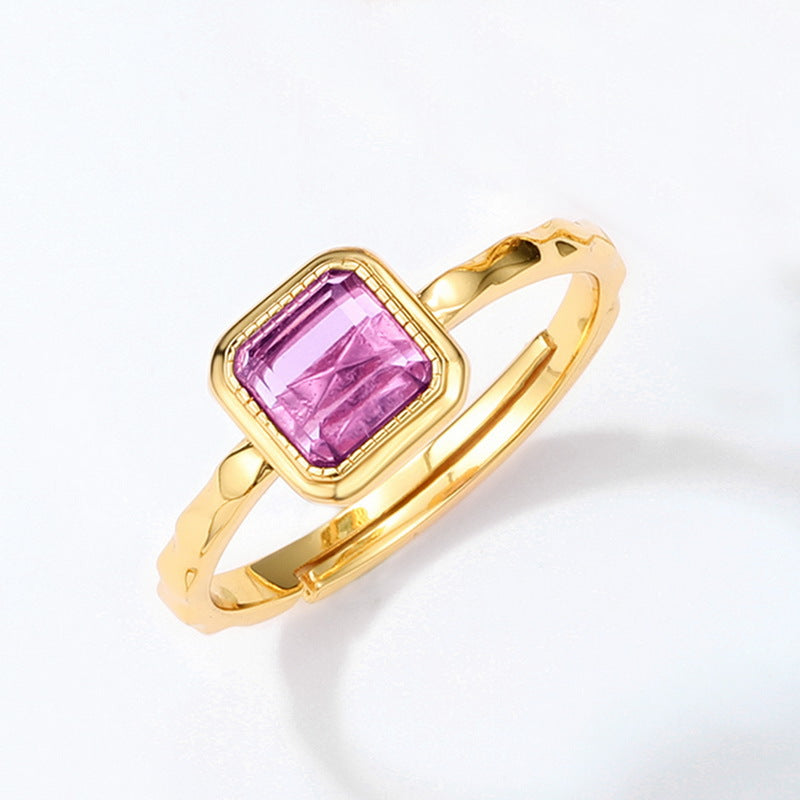 Geometric Square Natural Amethyst Wavy Sterling Silver Ring