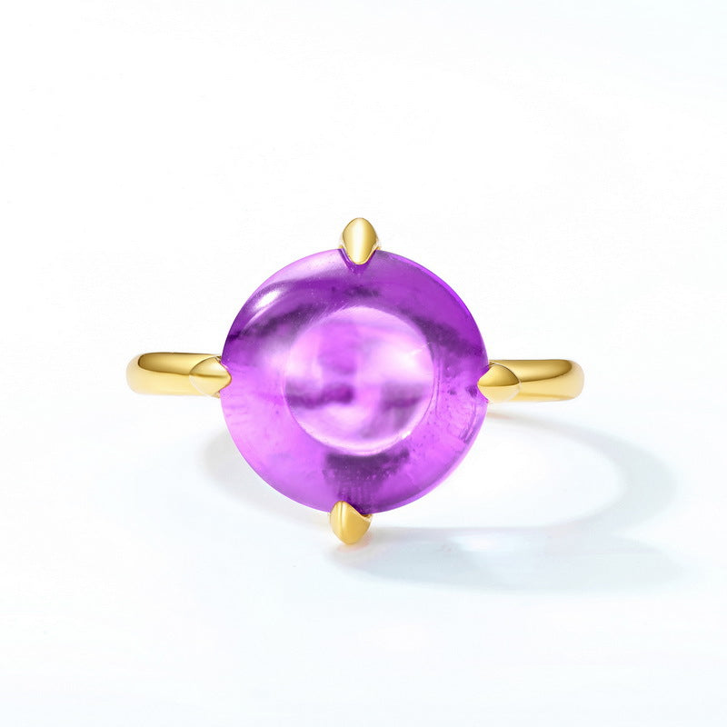 Minimalist Round Shape Amethyst Opening Sterling Silver Ring