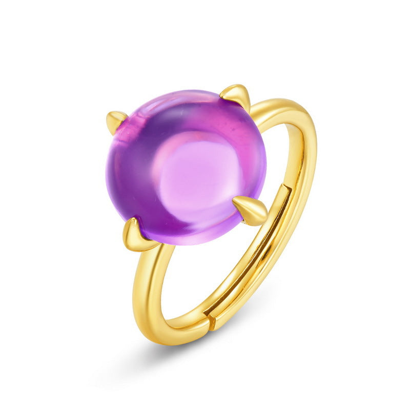 Minimalist Round Shape Amethyst Opening Sterling Silver Ring