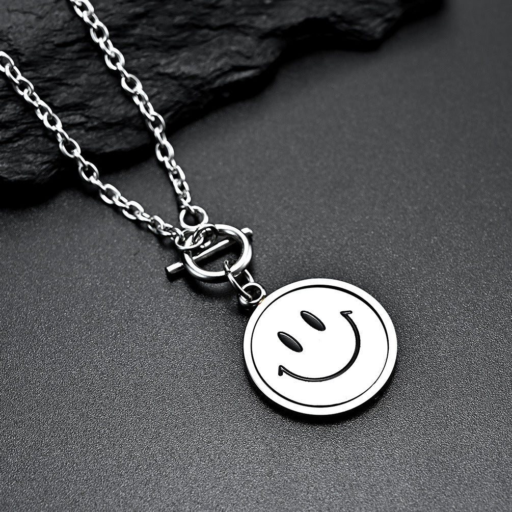 Planderful Rotatable Crying Smiley Face Pendant Necklace Unisex Titanium Steel Collarbone Chain