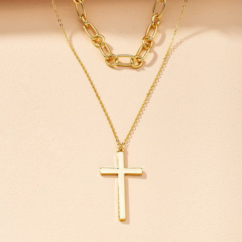 European-Inspired Cross Pendant Double Necklace Set - Stylish Fashion Neck Ornament