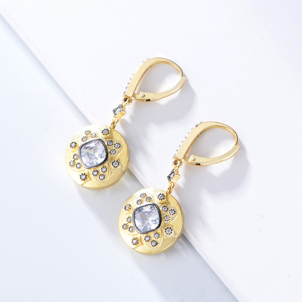 Court Style Retro Earrings S925 Sterling Silver Micro-Inlaid Zircon Electroplated Matte 14k