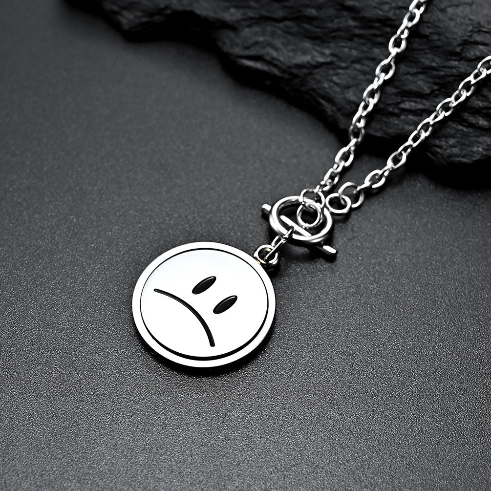 Planderful Rotatable Crying Smiley Face Pendant Necklace Unisex Titanium Steel Collarbone Chain