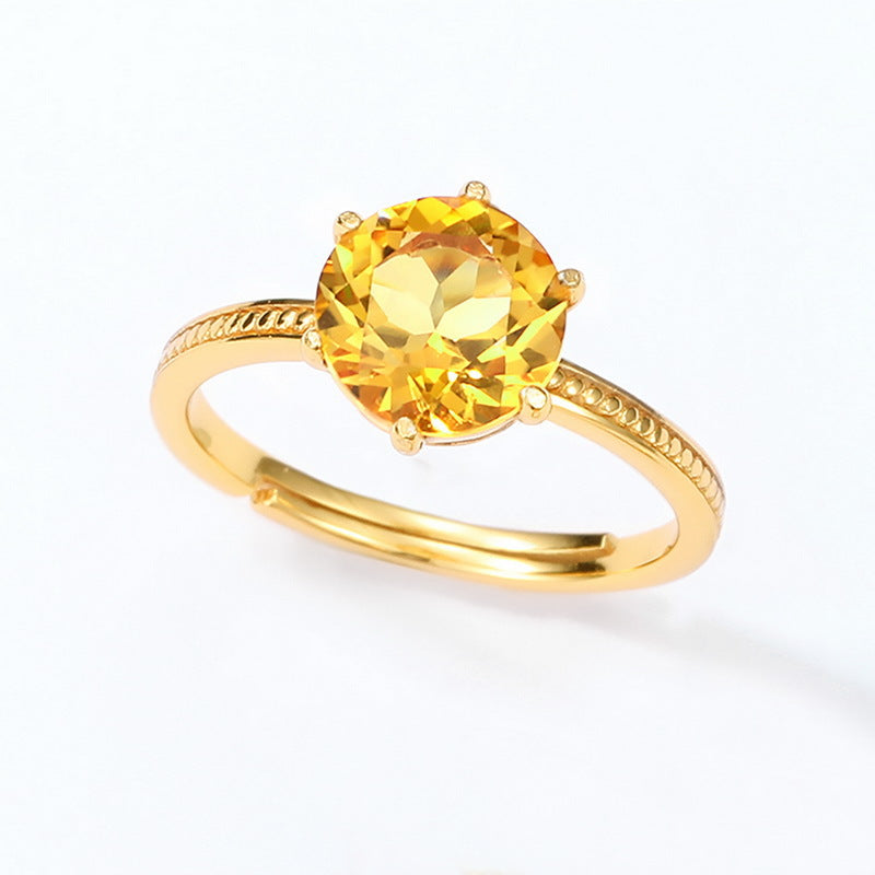 Round Natural Yellow Crystal Opening Sterling Silver Ring
