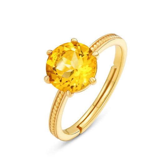Round Natural Yellow Crystal Opening Sterling Silver Ring