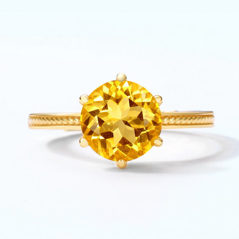Round Natural Yellow Crystal Opening Sterling Silver Ring