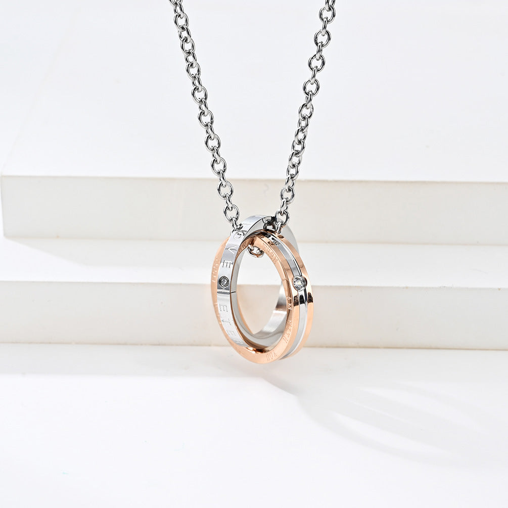 Classic Eternal Love Men's and Women's Double Ring Pendant Necklace in Titanium Steel