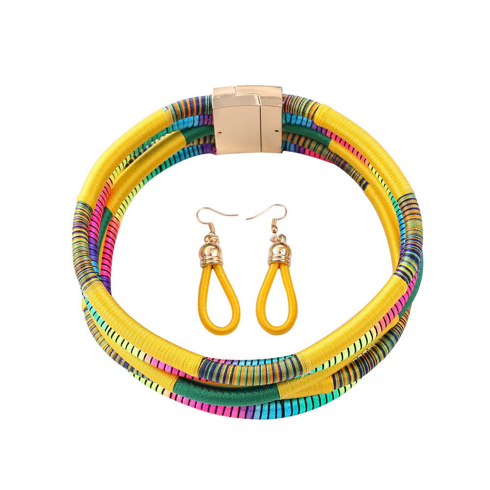 Bohemian Magnetic Closure Collar Necklace Set with Vibrant African-Inspired Threads