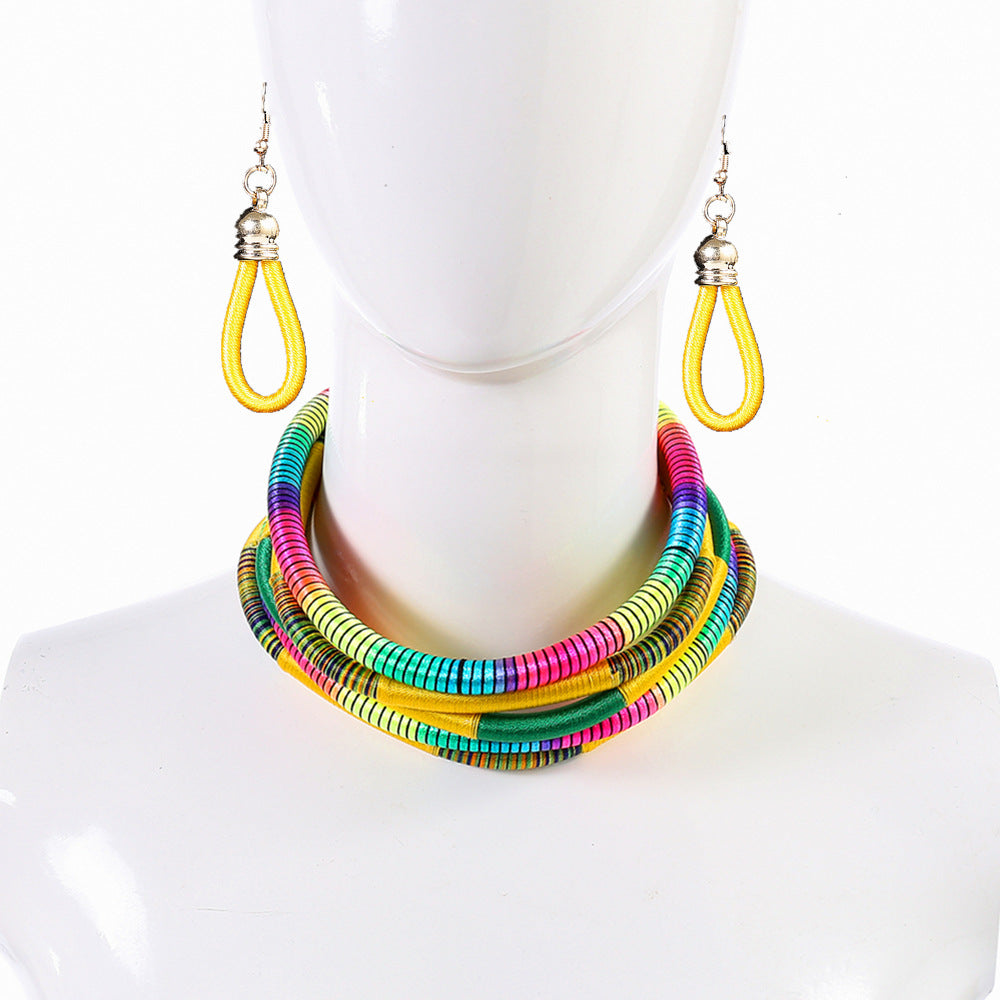 Bohemian Magnetic Closure Collar Necklace Set with Vibrant African-Inspired Threads