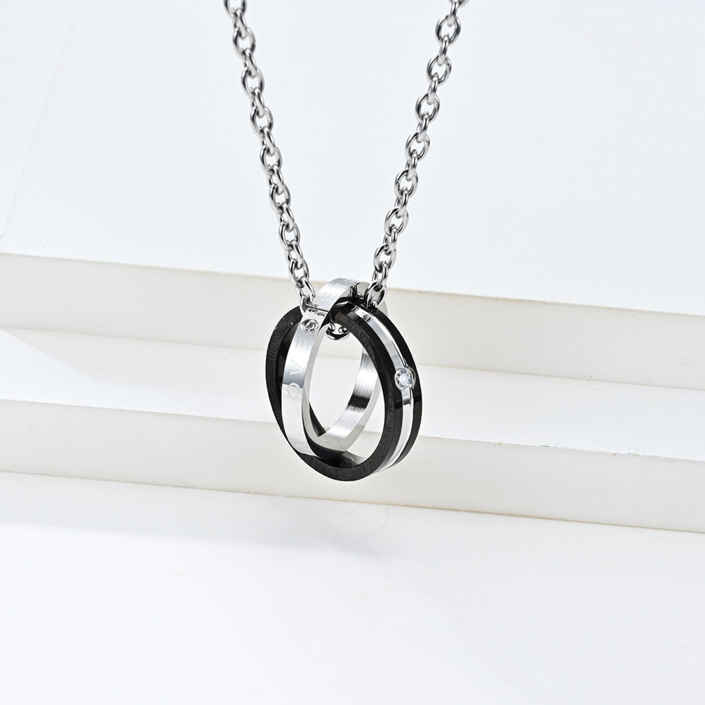 Classic Eternal Love Men's and Women's Double Ring Pendant Necklace in Titanium Steel