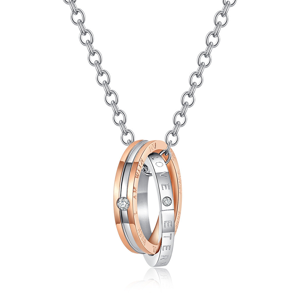 Classic Eternal Love Men's and Women's Double Ring Pendant Necklace in Titanium Steel