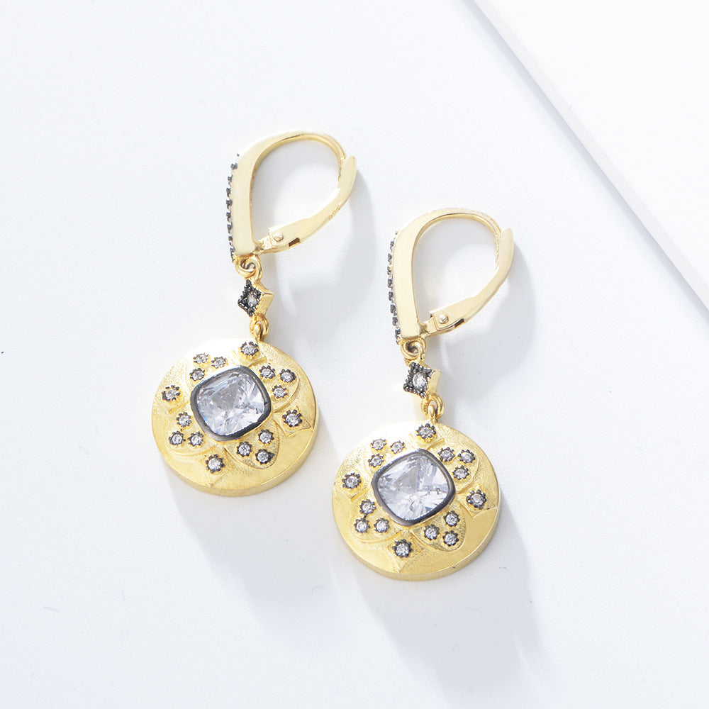 Court Style Retro Earrings S925 Sterling Silver Micro-Inlaid Zircon Electroplated Matte 14k