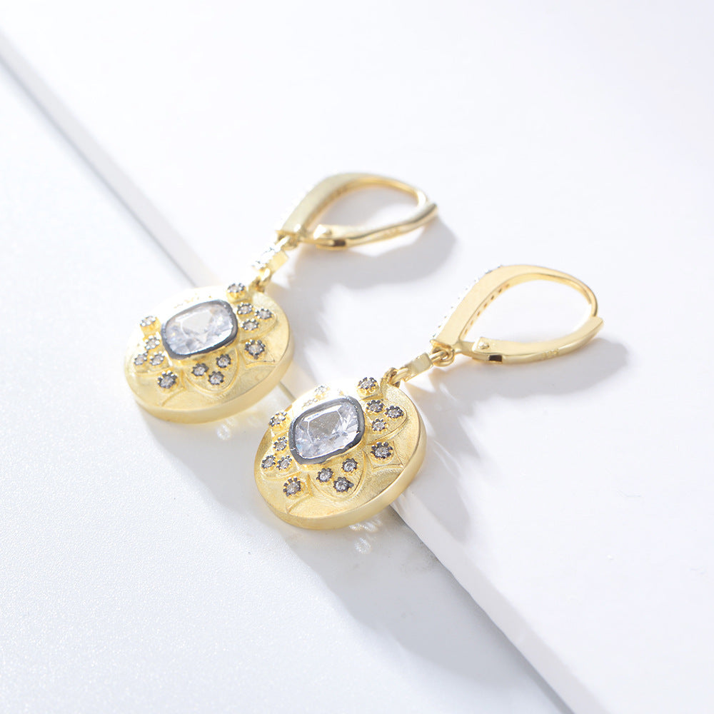 Court Style Retro Earrings S925 Sterling Silver Micro-Inlaid Zircon Electroplated Matte 14k