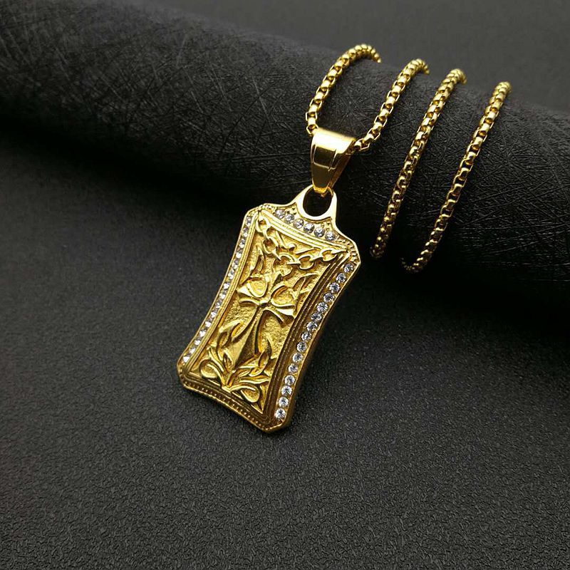 Zircon Necklace – Statement Cross Pendant In Stainless Steel Gold Plated With Hip Hop Edge