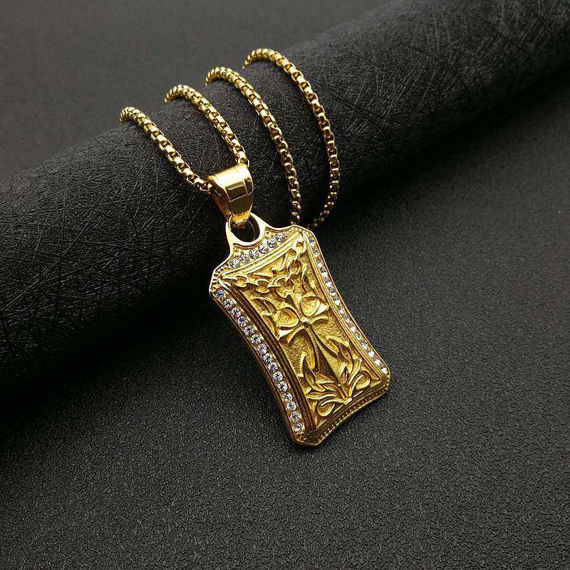 Zircon Necklace – Statement Cross Pendant In Stainless Steel Gold Plated With Hip Hop Edge