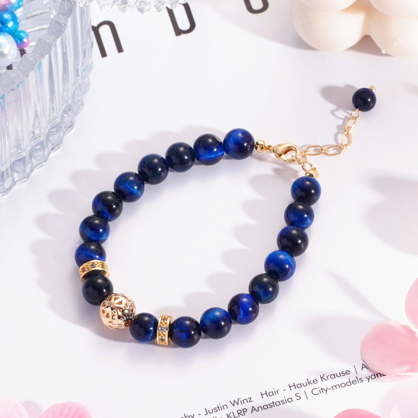 Blue Red Tiger Eye Stone Bracelet with Sterling Silver and Pearl Accents