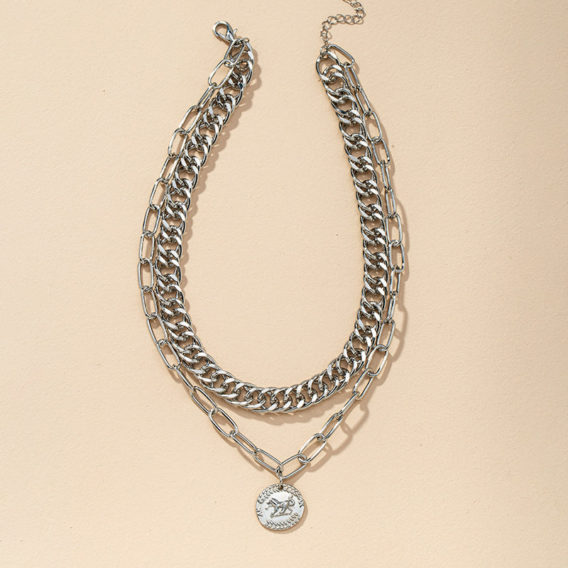 Retro Coin Pendant Necklace with Double Thickness - Cross-Border Fashion Statement Piece