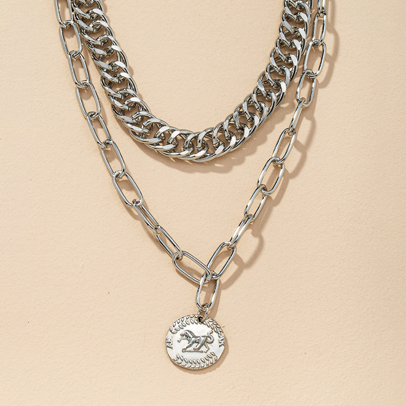 Retro Coin Pendant Necklace with Double Thickness - Cross-Border Fashion Statement Piece
