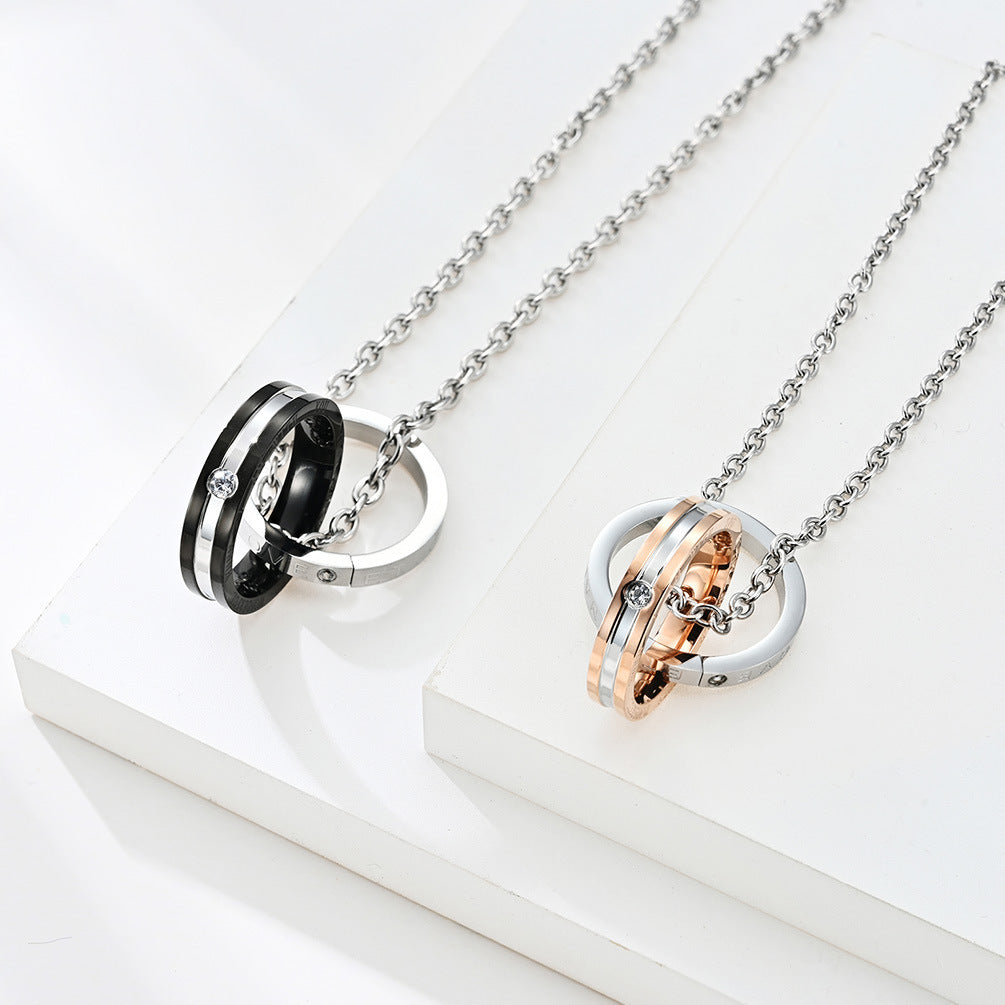Classic Eternal Love Men's and Women's Double Ring Pendant Necklace in Titanium Steel