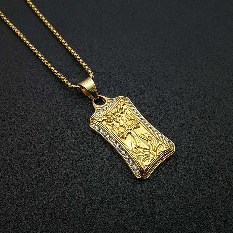 Zircon Necklace – Statement Cross Pendant In Stainless Steel Gold Plated With Hip Hop Edge