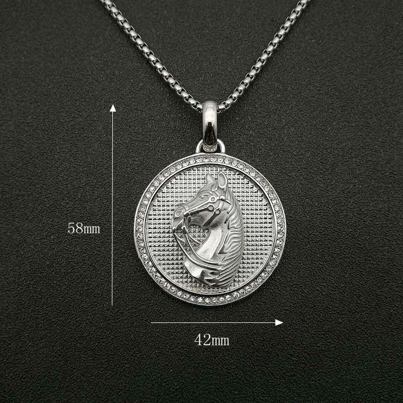 Planderful Hip Hop Necklace Unisex Gold Plated Titanium Steel Zircon Disc Horse Head Pendant