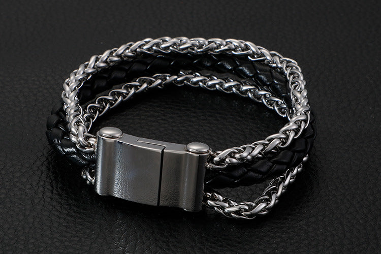 Planderful Leather Woven Titanium Mens Bracelet Chain