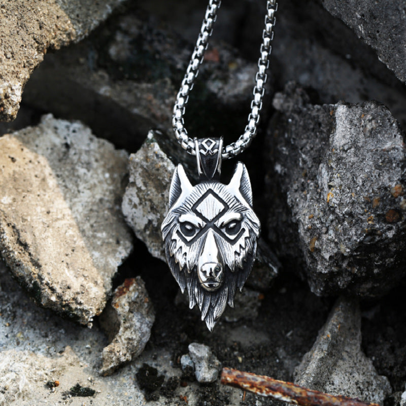 Retro Viking Wolf Head Pendant Necklace for Men - Stainless Steel Jewelry from Planderful