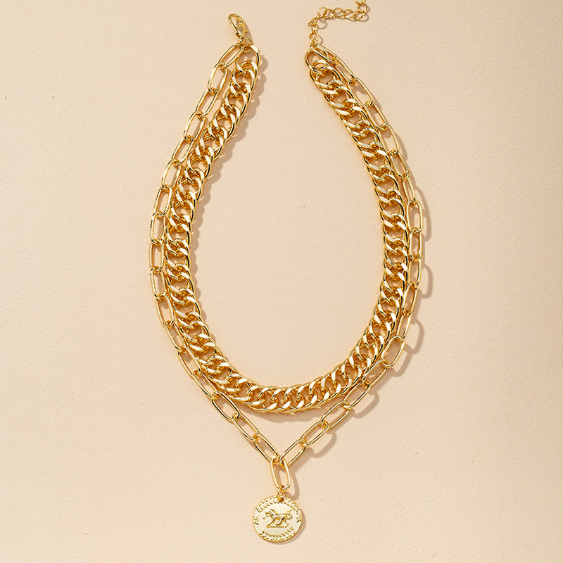 Retro Coin Pendant Necklace with Double Thickness - Cross-Border Fashion Statement Piece