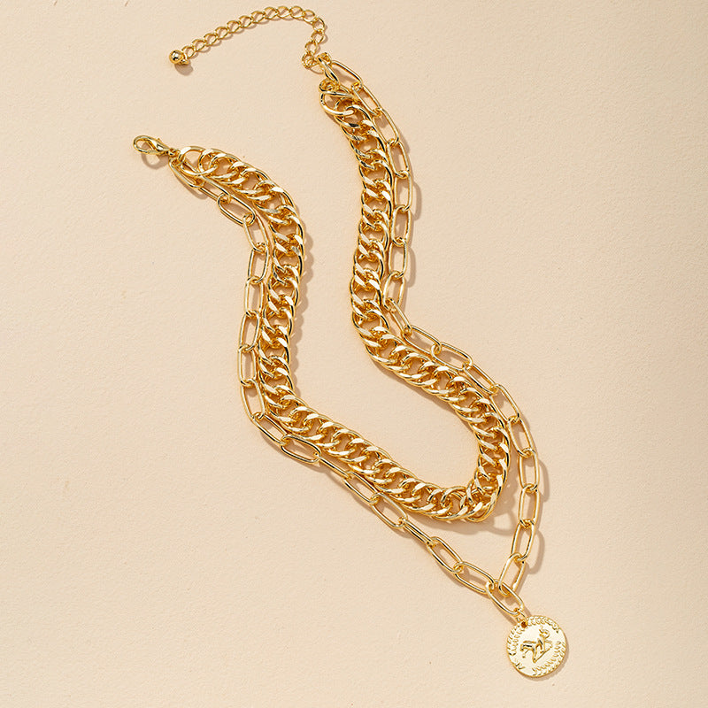Retro Coin Pendant Necklace with Double Thickness - Cross-Border Fashion Statement Piece