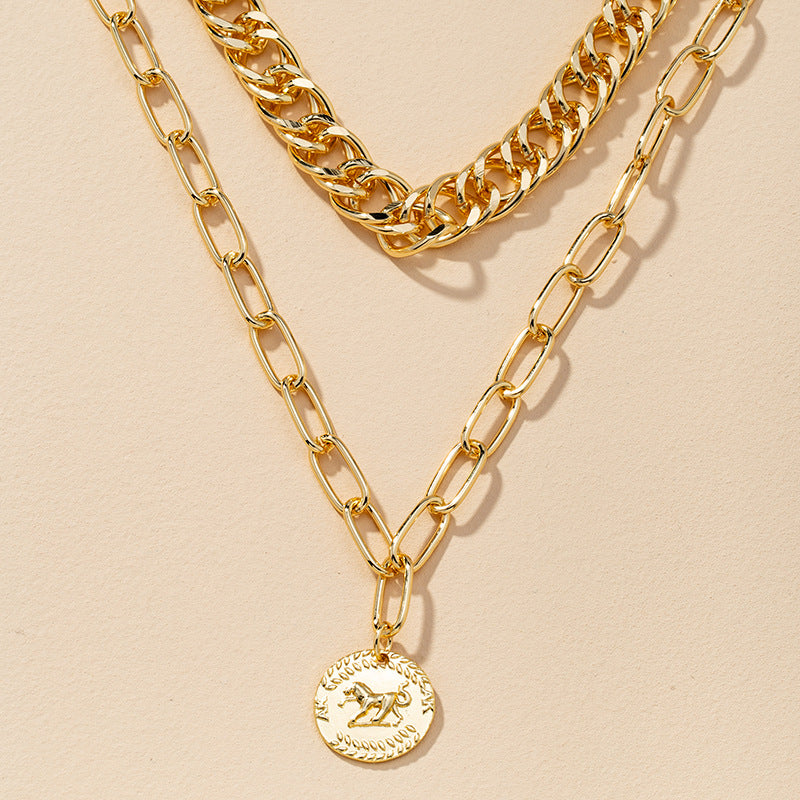 Retro Coin Pendant Necklace with Double Thickness - Cross-Border Fashion Statement Piece