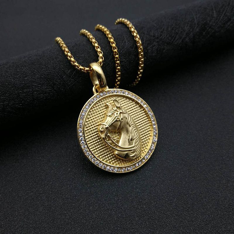 Planderful Hip Hop Necklace Unisex Gold Plated Titanium Steel Zircon Disc Horse Head Pendant