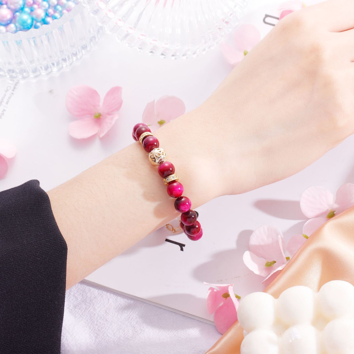 Blue Red Tiger Eye Stone Bracelet with Sterling Silver and Pearl Accents