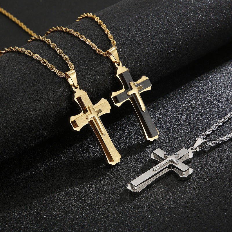 Stylish Stainless Steel Cross Pendant Necklace for Men – European and American Design