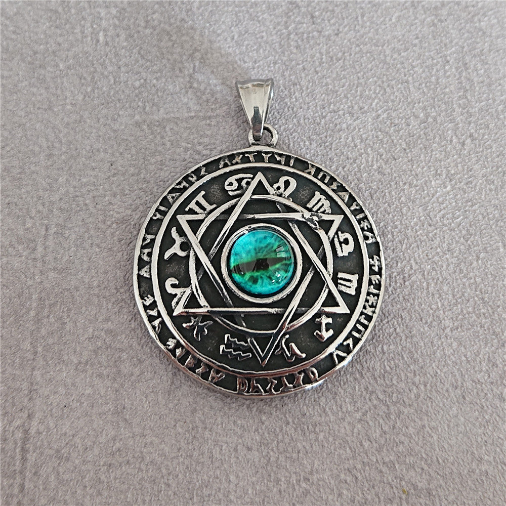 Planderful Angel and Devil Eye Green Hexagram Pendant Stainless Steel Unisex Protection Charm