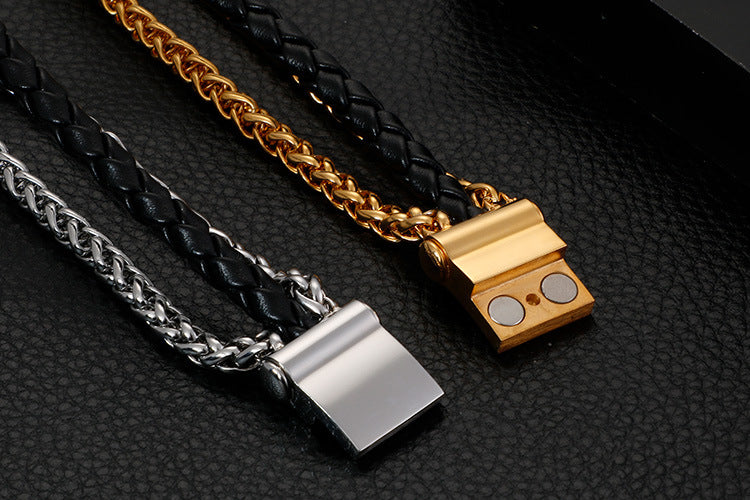 Planderful Leather Woven Titanium Mens Bracelet Chain