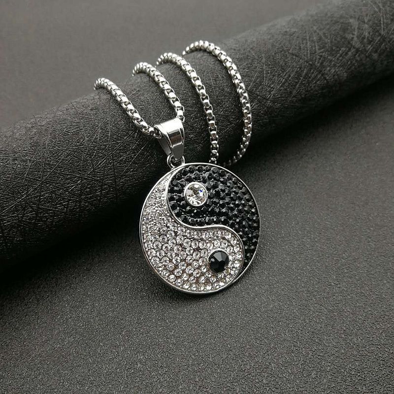 Planderful Hip Hop Jewelry Yin Yang Pendant Necklace Titanium Steel Rhinestone Accents For Unisex Streetwear Fans