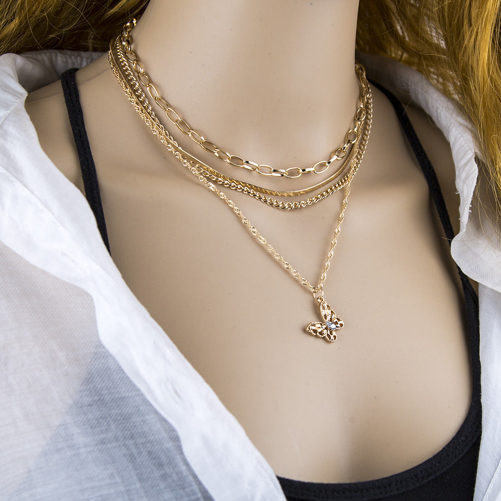 Europe and The United States Simple Butterfly and Snake Bone Chain Flower Necklace