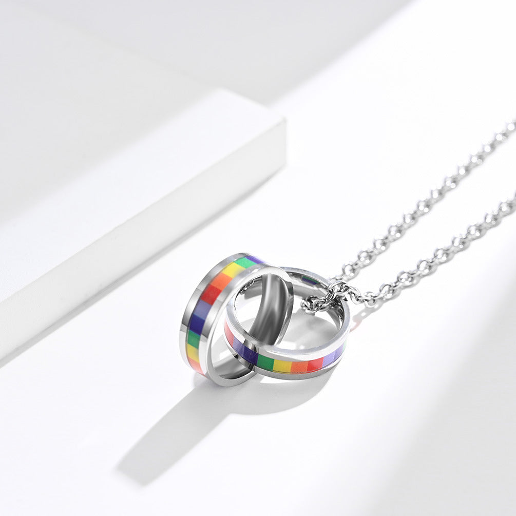 Planderful Vibrant Rainbow Flag Necklace Titanium Steel Six Color Double Ring Niche Design For Pride Jewelry Lovers