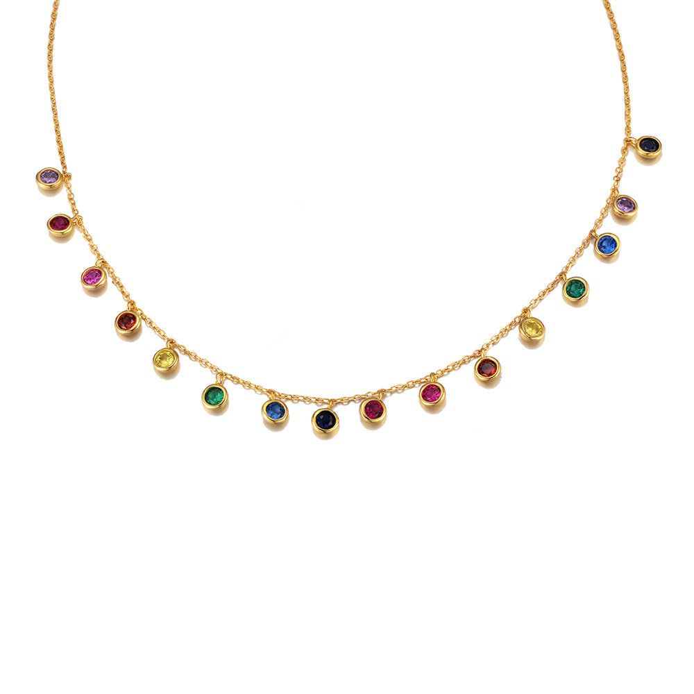 S925 Sterling Silver Colored Round Zircon Necklace Colorful Gemstone Pendant Rainbow Necklace